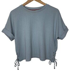 Y SING | Womens Powder Blue Semi-Cropped Short SleeveTop with Side Ties | Size L